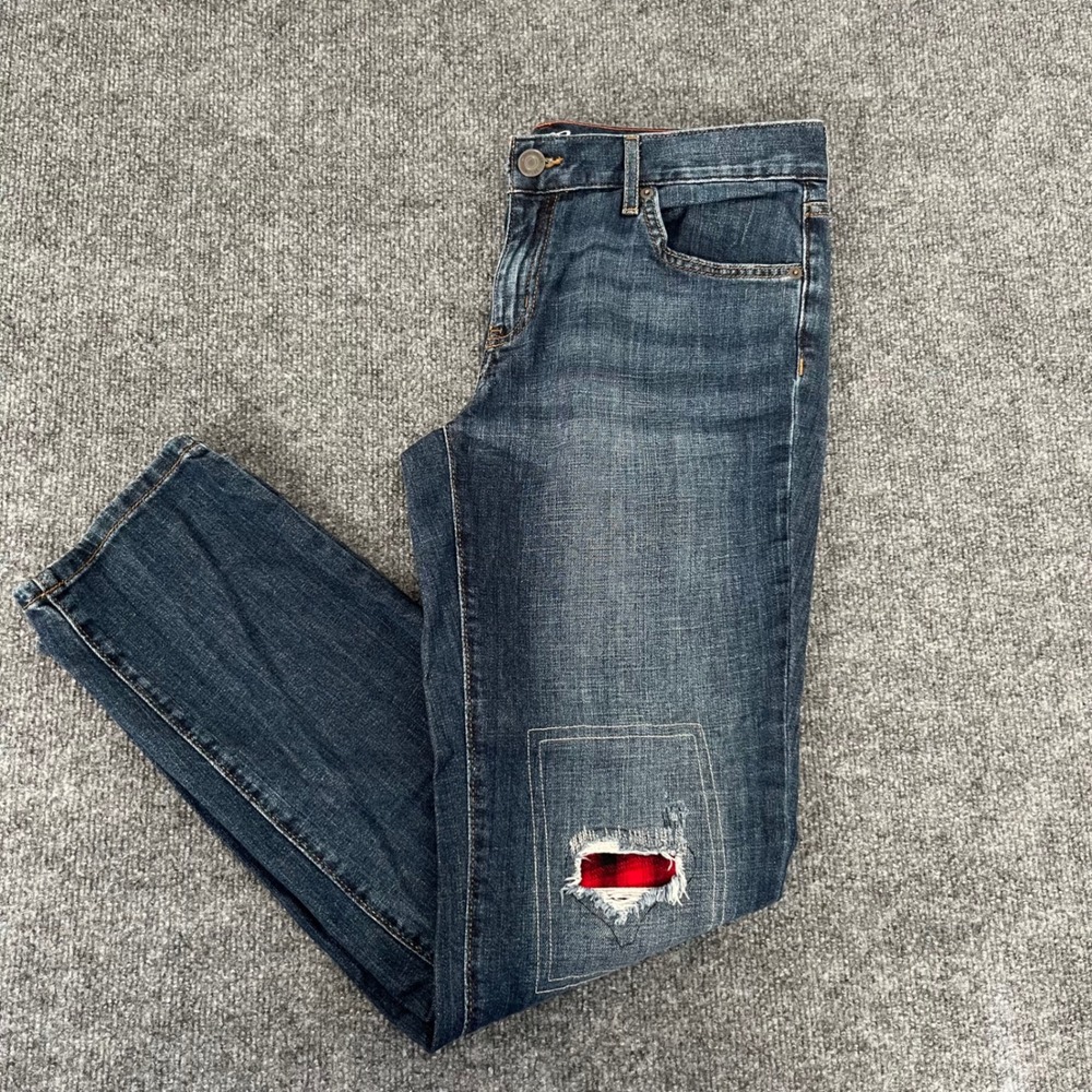 Eddie Bauer Boyfriend Relaxed Fit Jeans Dark Wash Plaid Patched Distressed 33x30